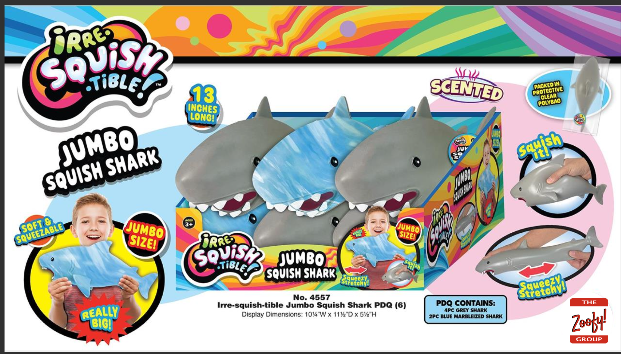 Irr-e-Squish-tilble Jumbo Squish Shark packaging with colorful design and shark illustrations.