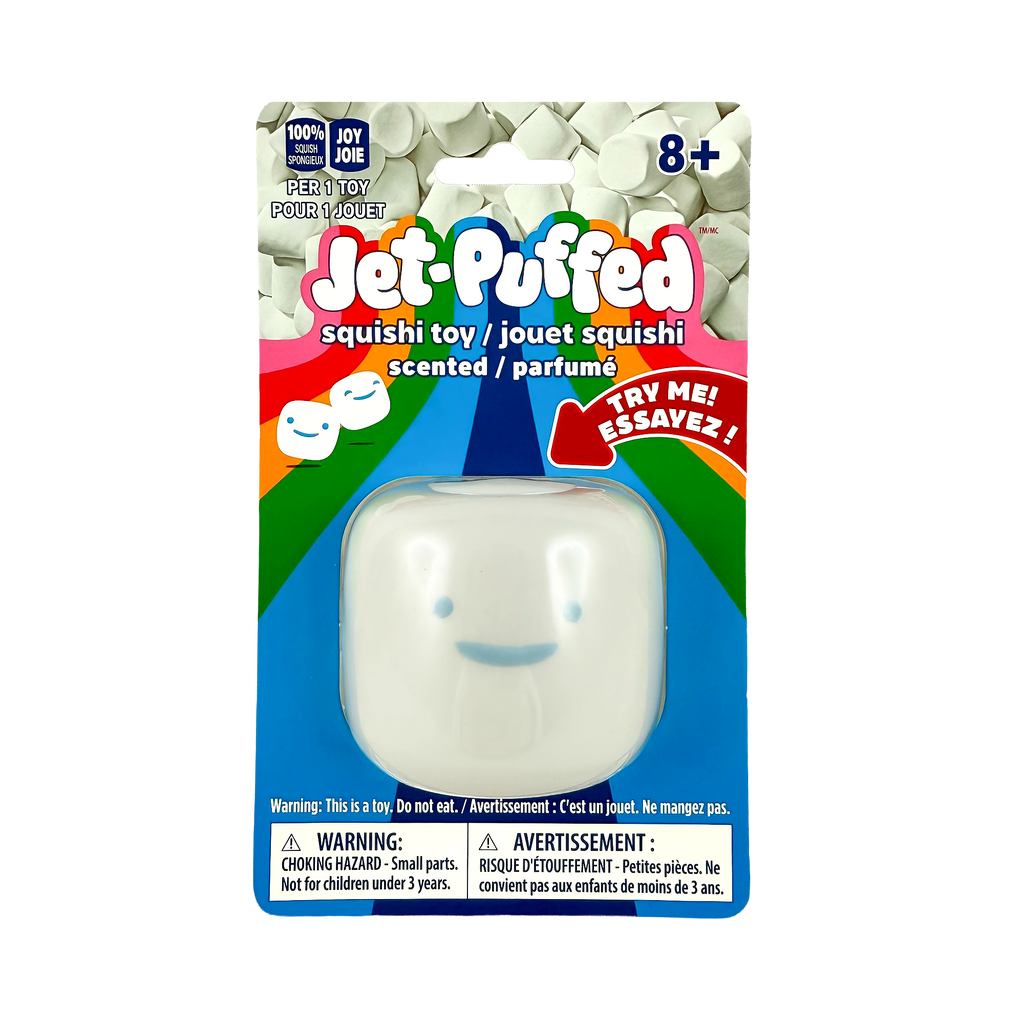 Packaged Jet-Puffed marshmallow squishy toy with blue eyes and mouth with colorful label on a white background