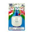 Packaged Jet-Puffed marshmallow squishy toy with blue eyes and mouth with colorful label on a white background