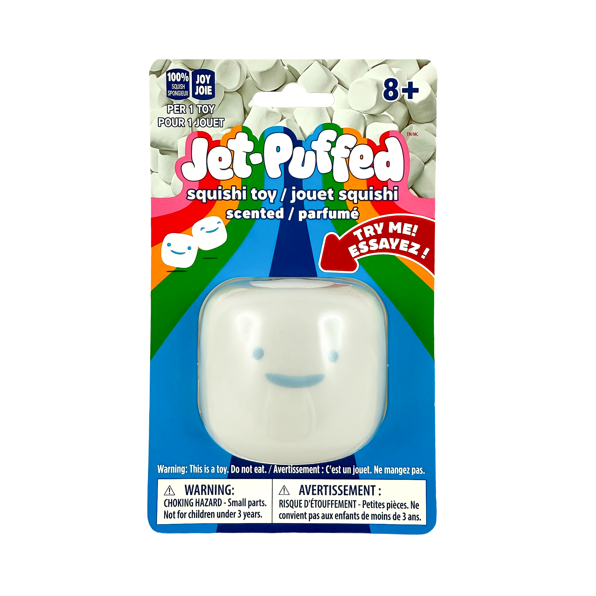 Packaged Jet-Puffed marshmallow squishy toy with blue eyes and mouth with colorful label on a white background