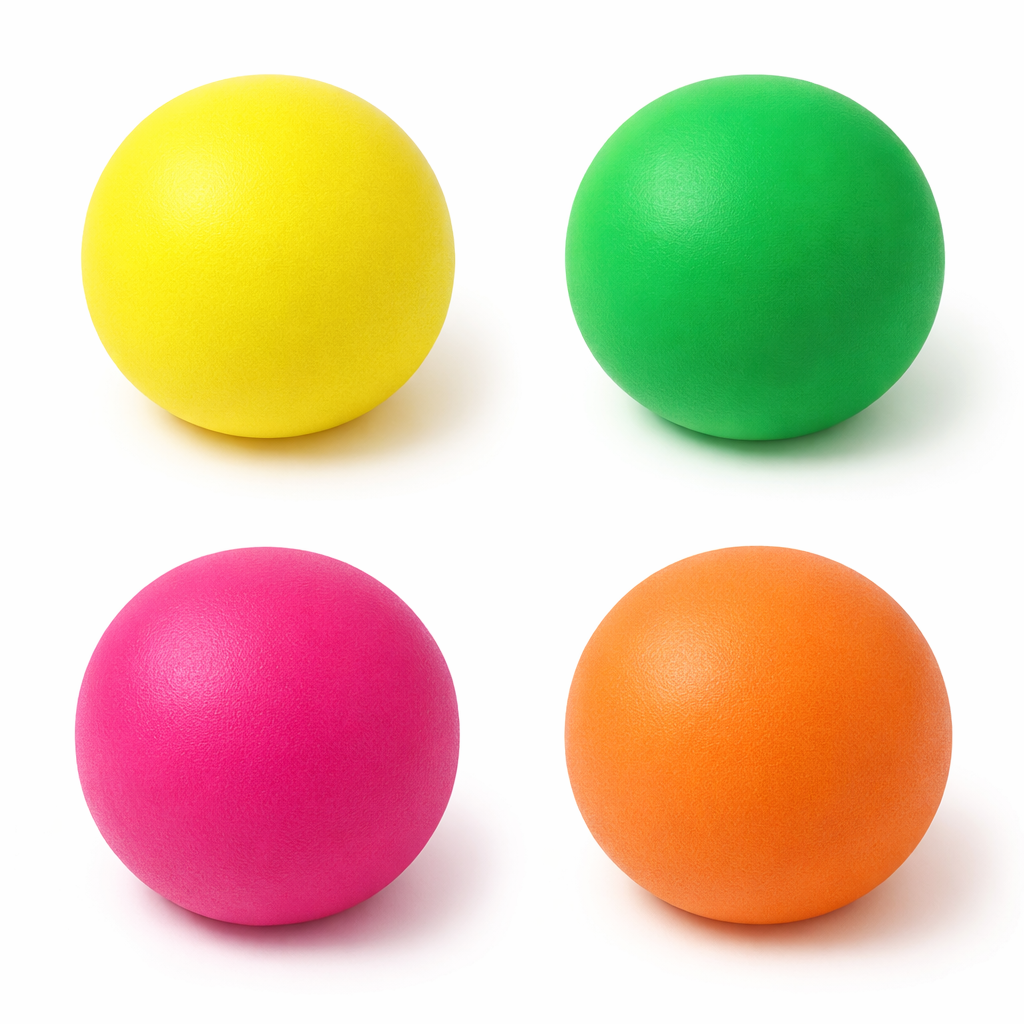 Four colorful balls (yellow, green, pink, orange) on a white background