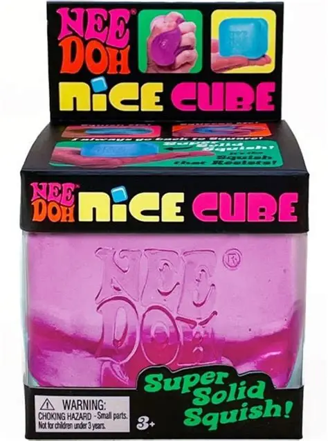 Pink 'Nee Doh Nice Cube' toy packaging with colorful text and graphics.