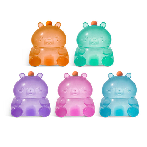 Five colorful capybara squishies on a white background