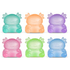 Set of six colorful axolotl-shaped night lights on a white background