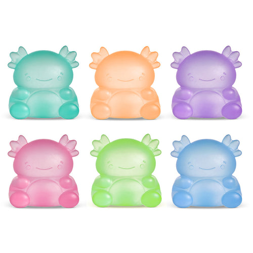 Set of six colorful axolotl-shaped night lights on a white background