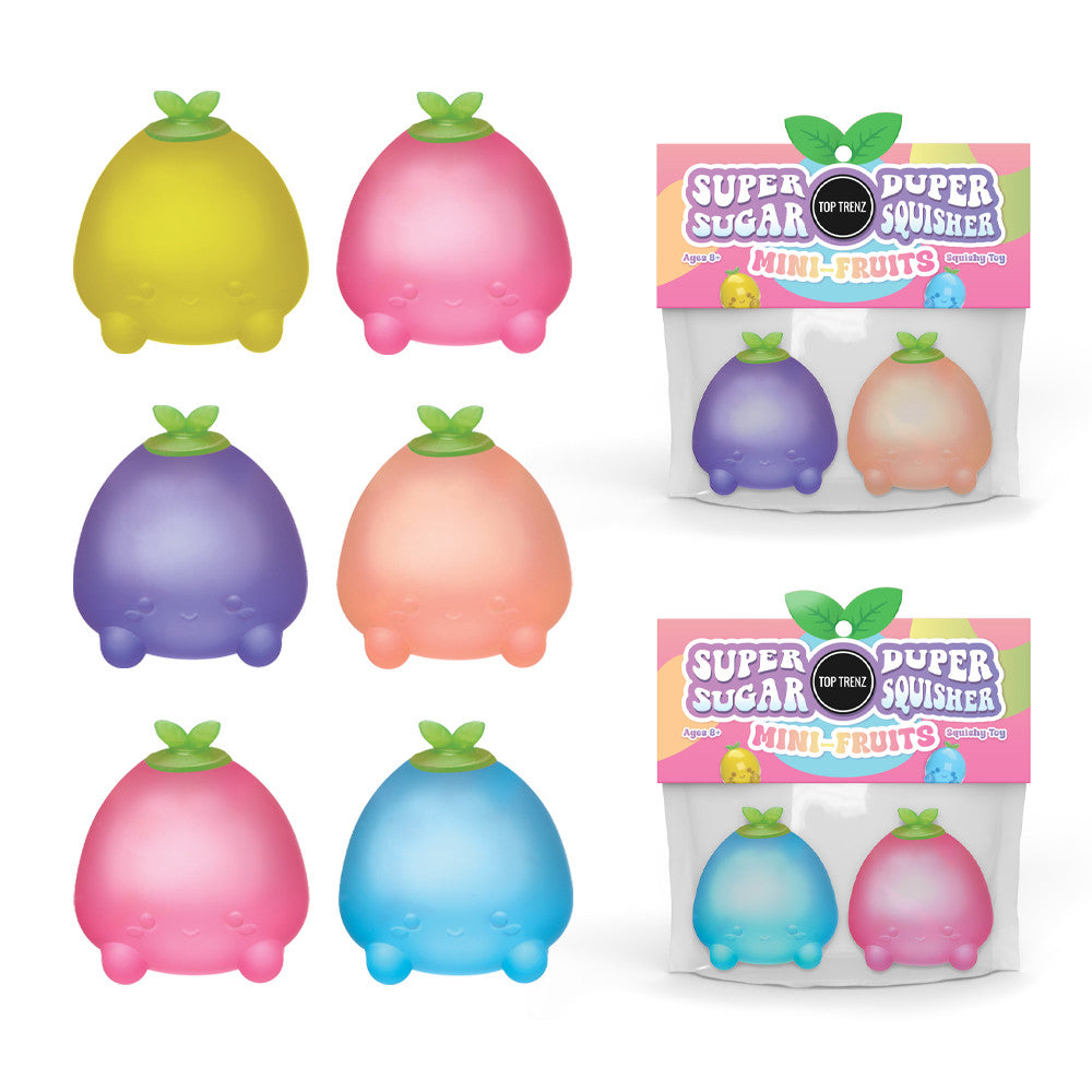 Set of colorful mini fruit squishers with packaging on a white background