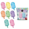 Colorful toy ice pops with packaging on a white background