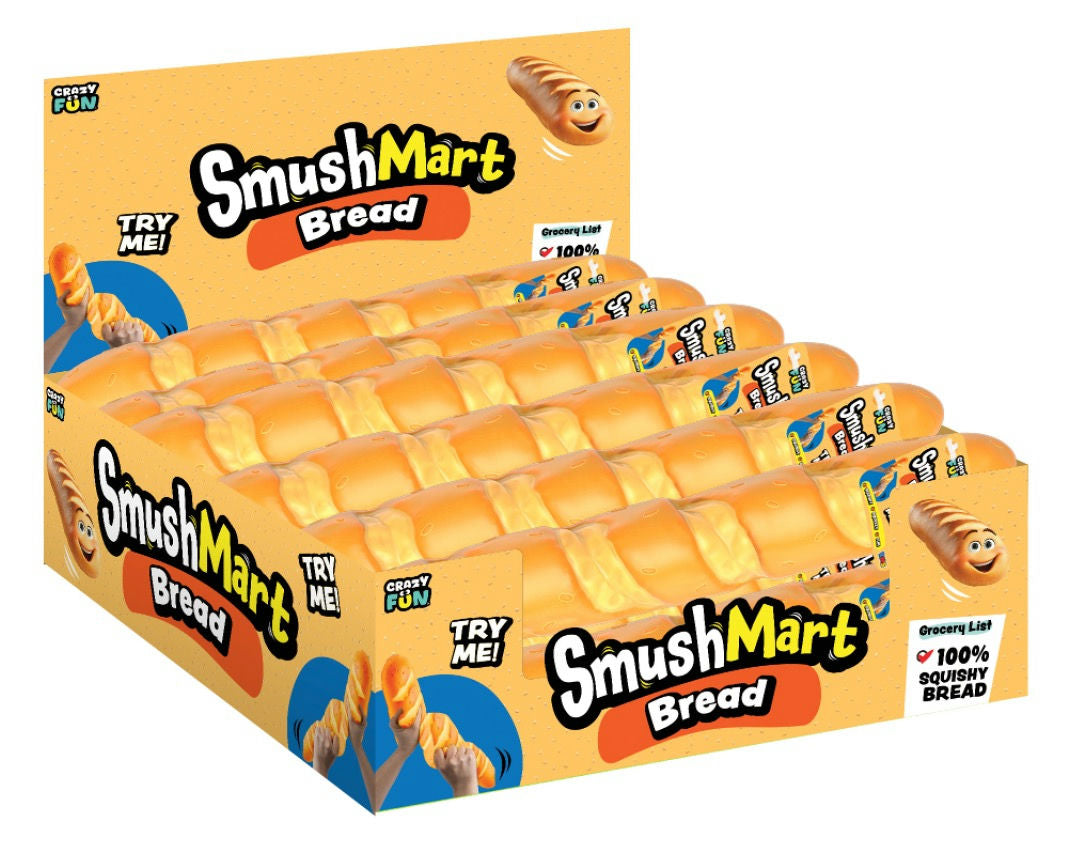 Box of SmushMart Bread with cartoon bread characters on box on a white background
