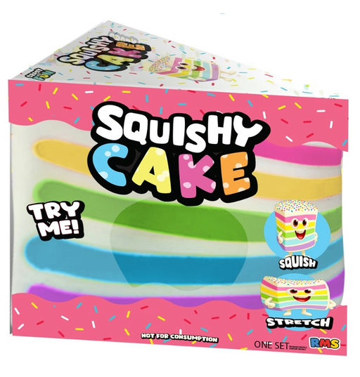 Box of Squishy Cake with colorful design and text on a white background