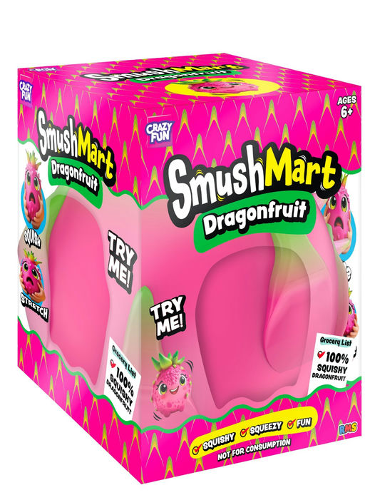 SmushMart Dragonfruit toy packaging with pink dragonfruit figures and colorful text.