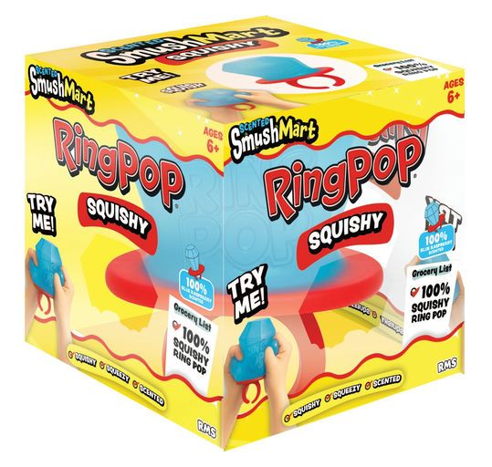 Box of Smush Mart Ring Pop Squishy toy with colorful design and text.