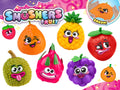 Colorful fruit-shaped toys with cartoon faces on a pink background, featuring the brand 'Smushers Fruit'.