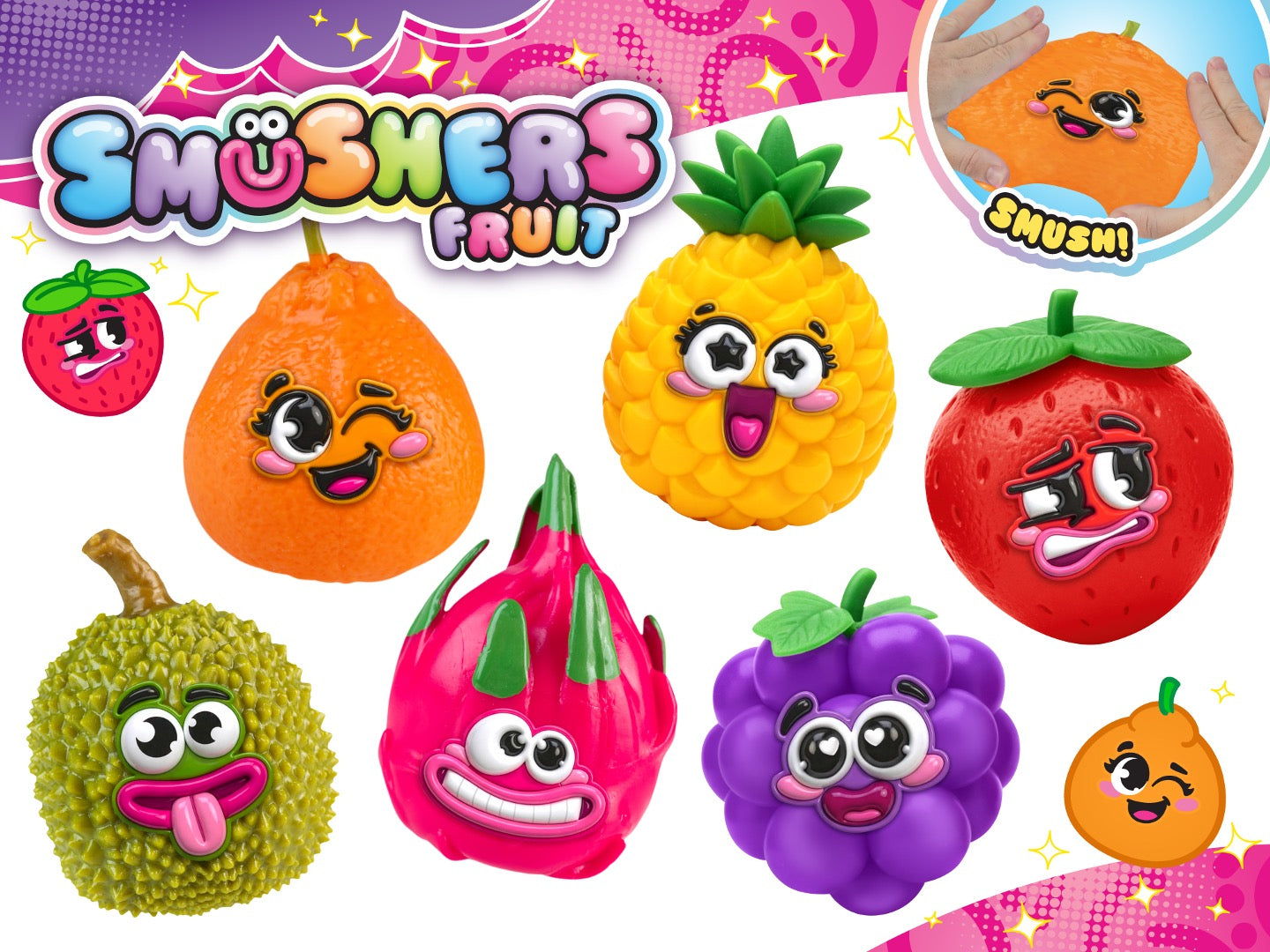 Colorful fruit-shaped toys with cartoon faces on a pink background, featuring the brand 'Smushers Fruit'.