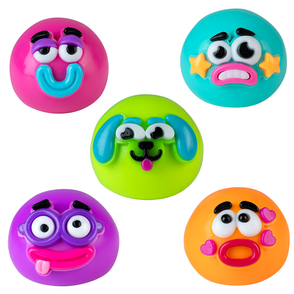 Five colorful animal faced smusher stress balls on a white background