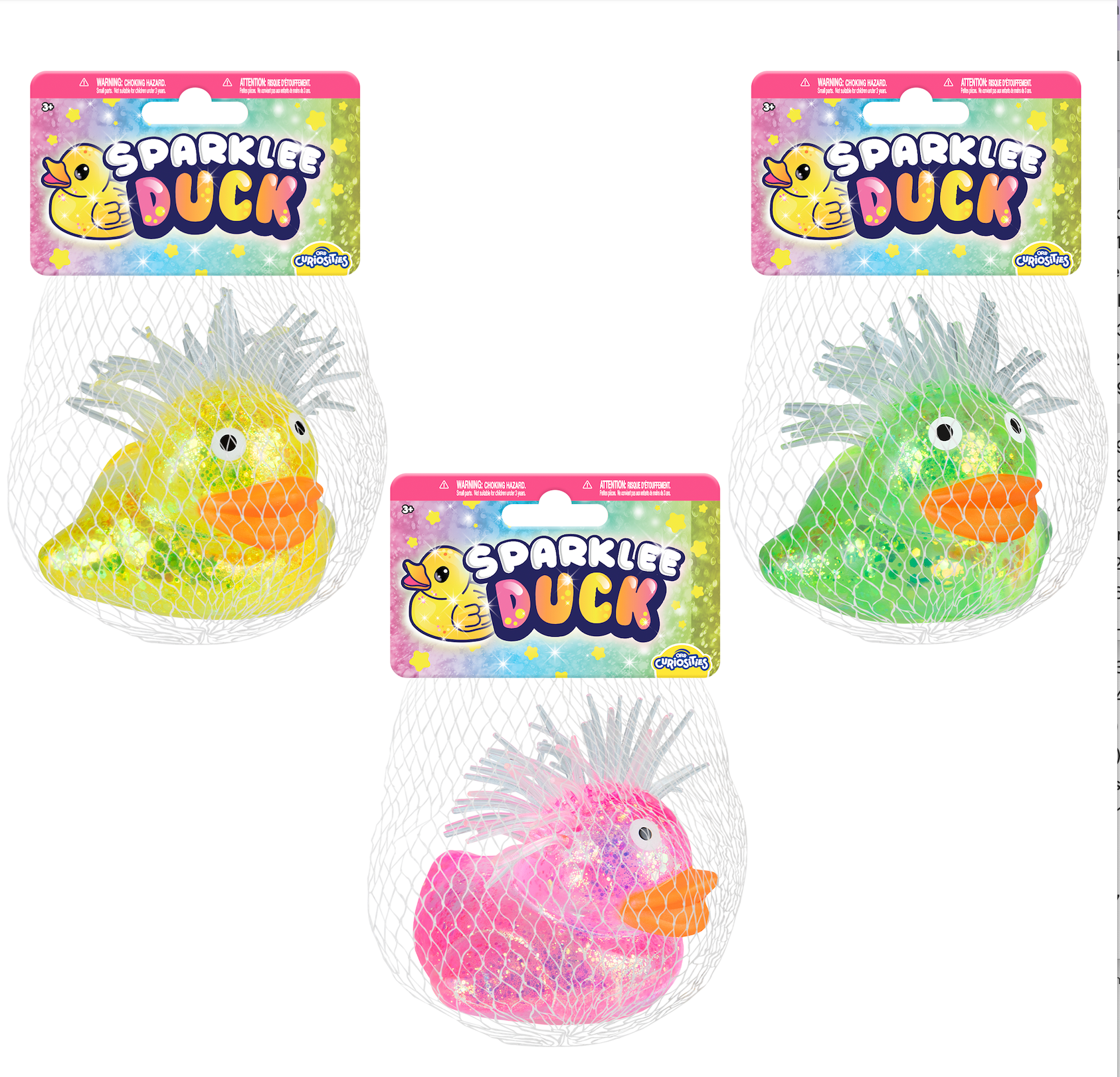 Three Sparkleee Duck toys in different colors on their packaging with a white background.