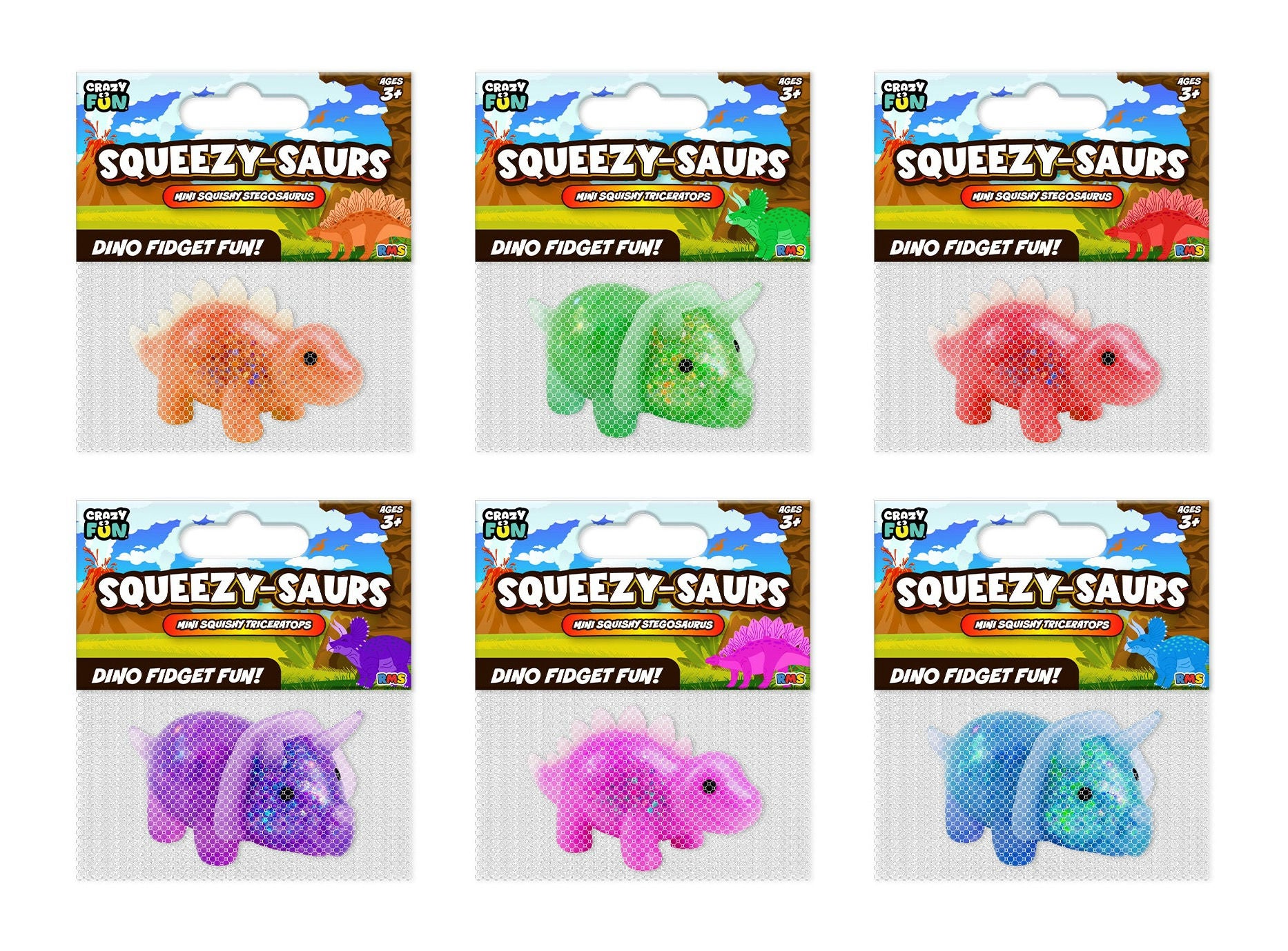 Six packages of Squeezy-Saurs fidget toys with different colored dinosaurs on each package.
