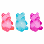 Three colorful bear-shaped objects on a white background