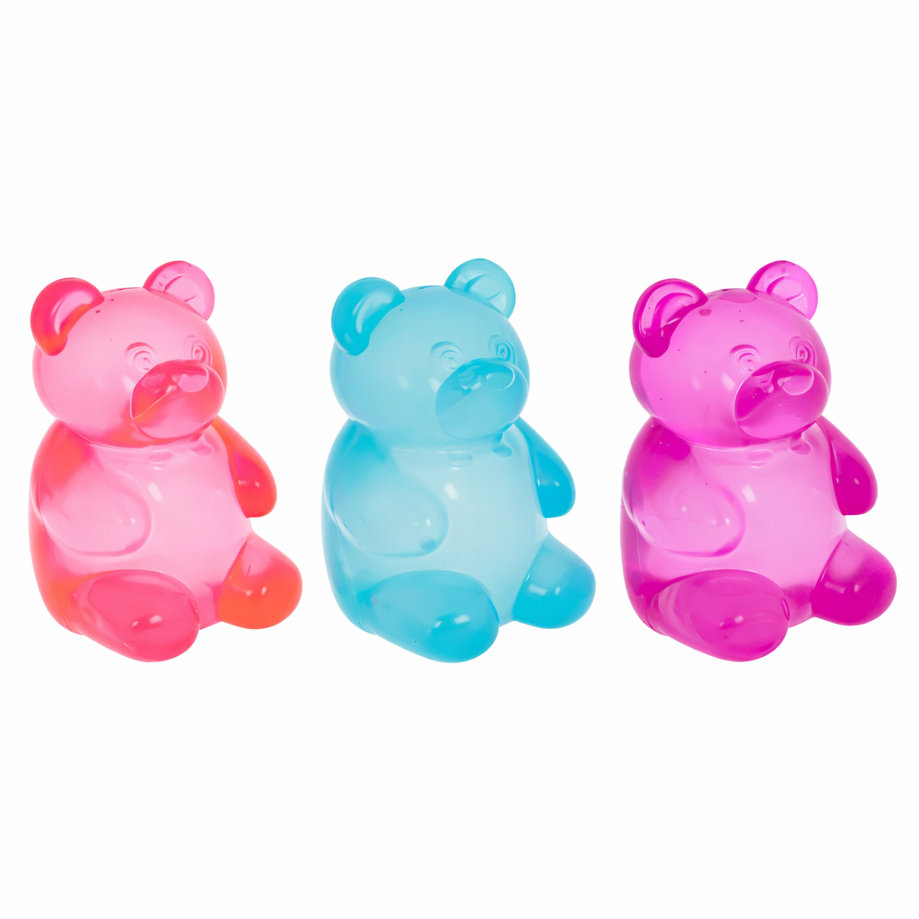 Three colorful bear-shaped objects on a white background