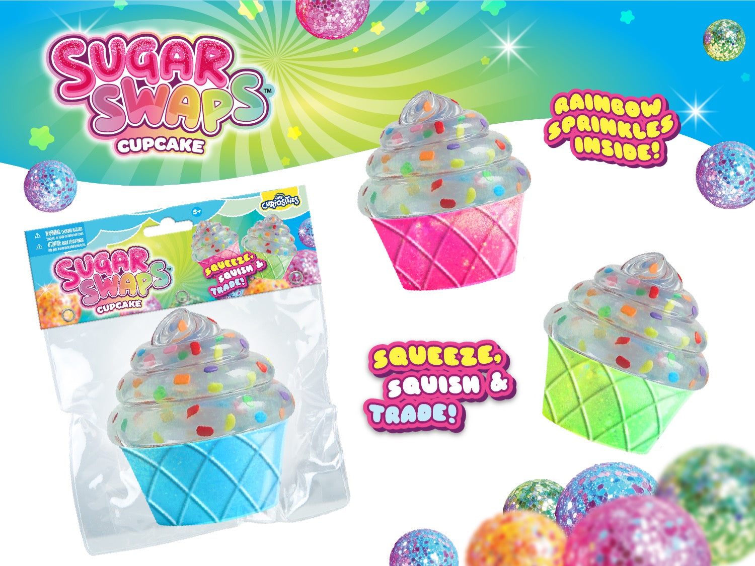 Colorful Sugar Swaps Cupcake toys with packaging on a bright background