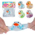 Colorful duck-shaped squishies with packaging on a white background
