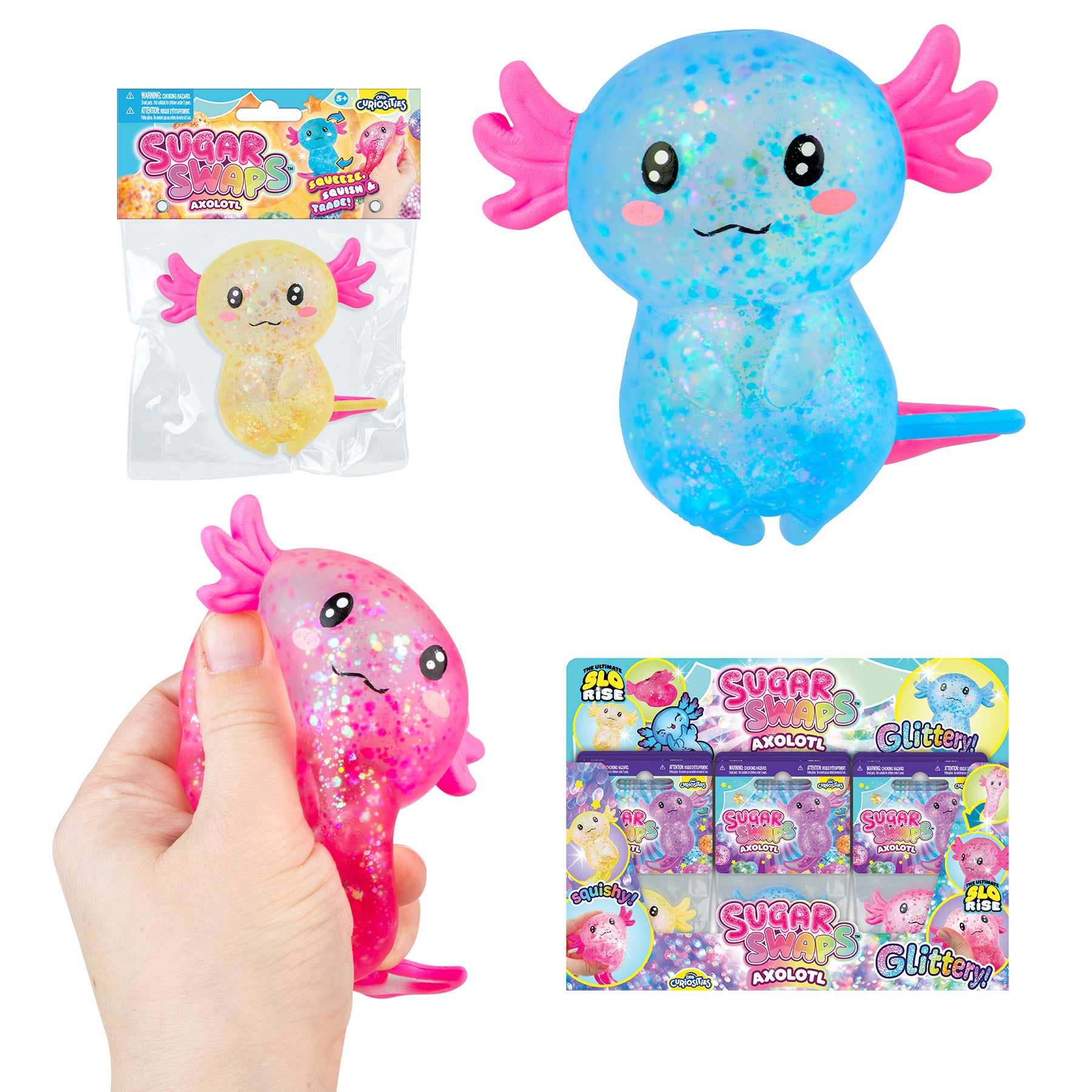 Sugar Swaps Axolotl sugar squish toys with packaging on a white background