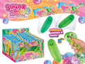 Sugar Swaps Green squishy pickle with packaging and promotional graphics for 'Sugar Swaps Sparkly Pickle'.