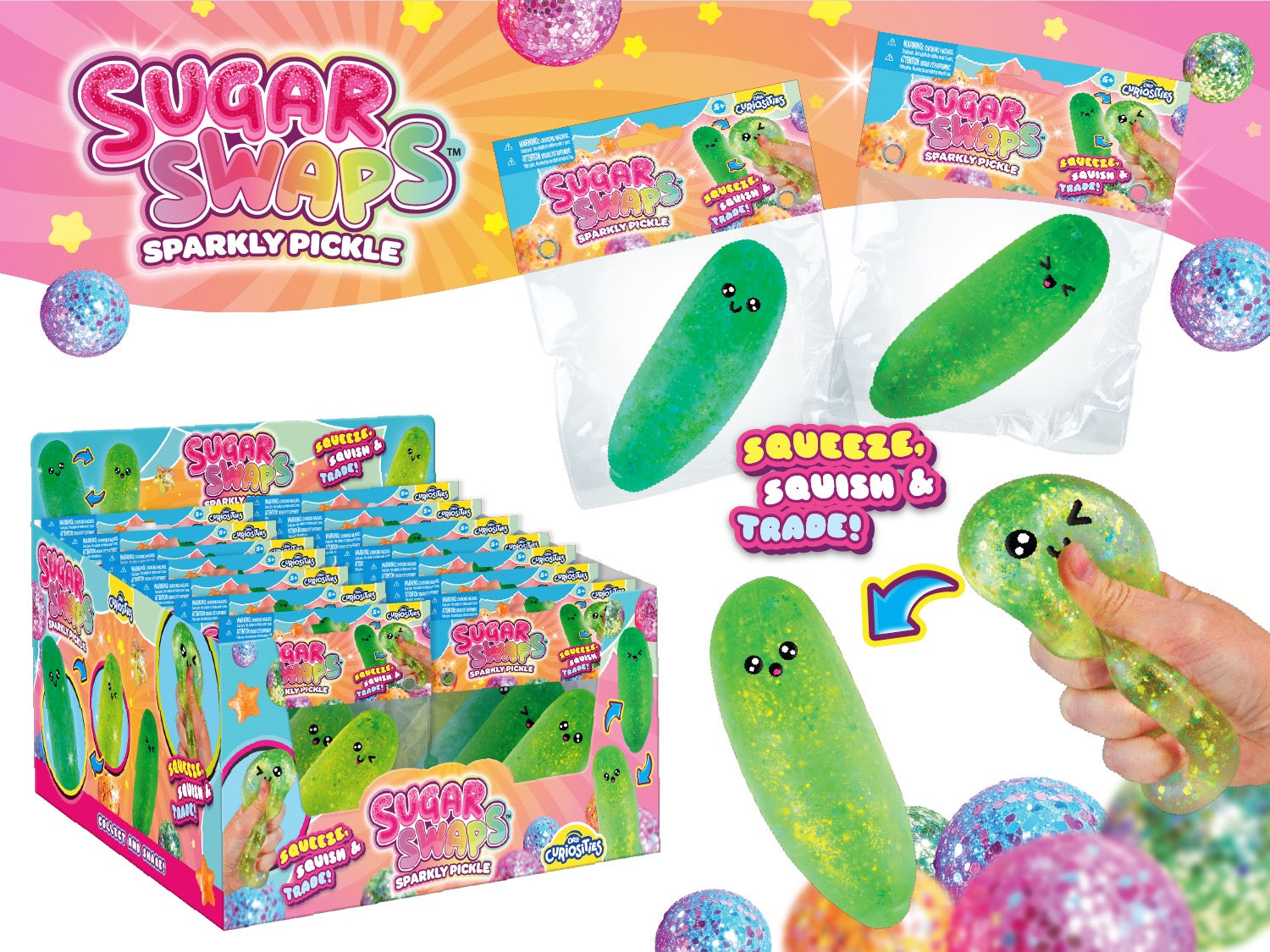 Sugar Swaps Green squishy pickle with packaging and promotional graphics for 'Sugar Swaps Sparkly Pickle'.