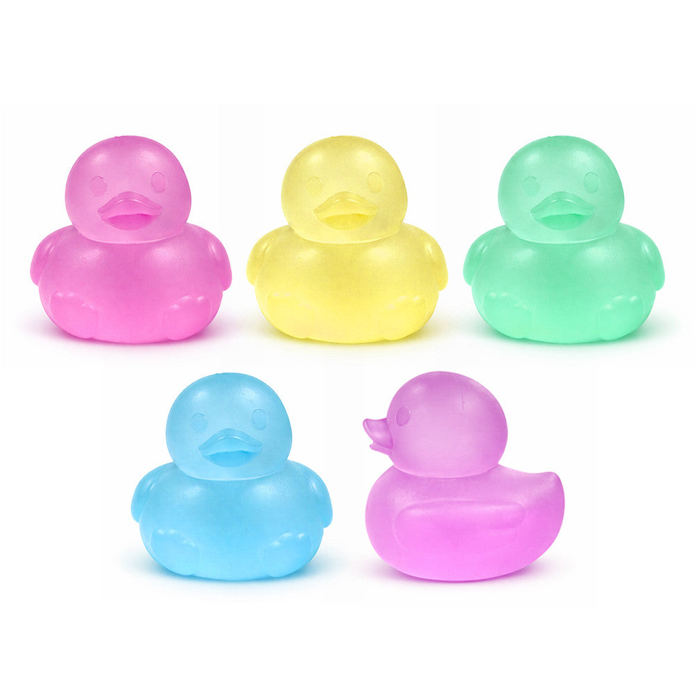 group of 5 pastel squishy ducks in pink, yellow, green, blue, and purple on a white background.