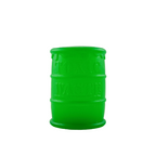 Green plastic container with text on a white background