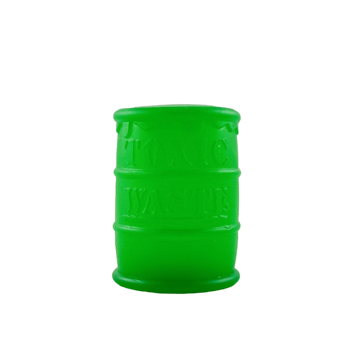 Green plastic container with text on a white background