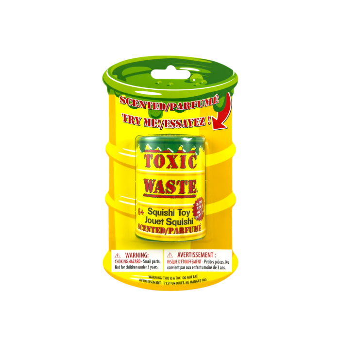 Yellow and green container labeled 'Toxic Waste' on a white background