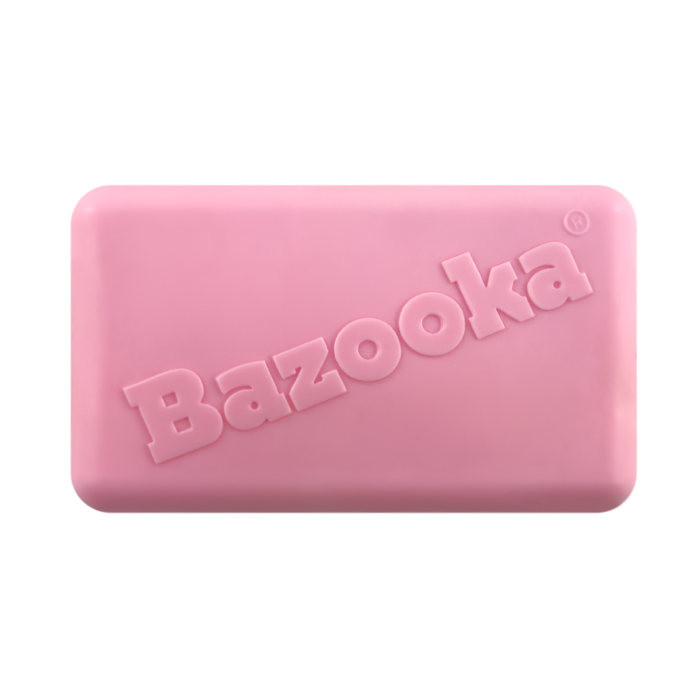 Pink rectangular object with 'Bazooka' branding on a white background