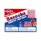 Bazooka bubble gum packaging with a pink squishy toy on a white background