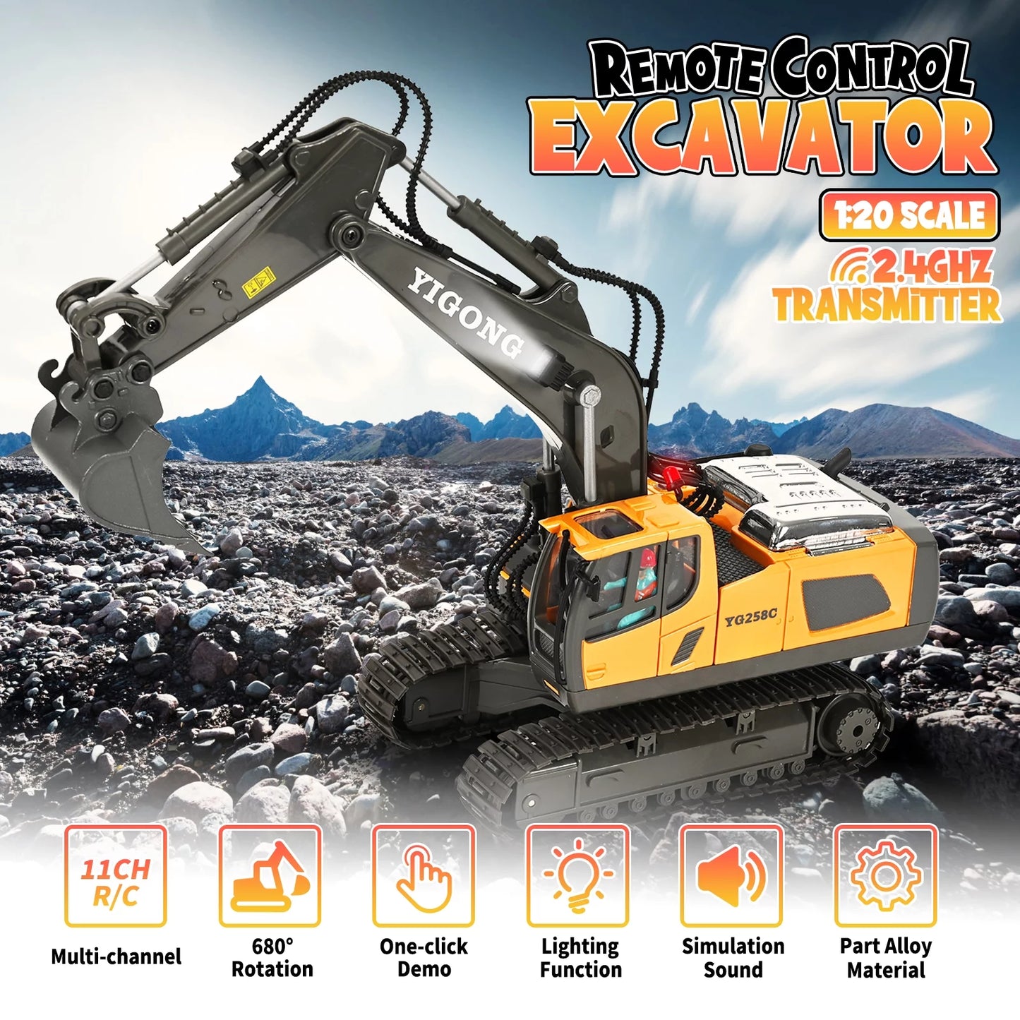 Ultimate Remote Control Excavator - 11 Channel RC Construction Toy with Lights & Sounds, Perfect Gift for Kids Ages 3-12!