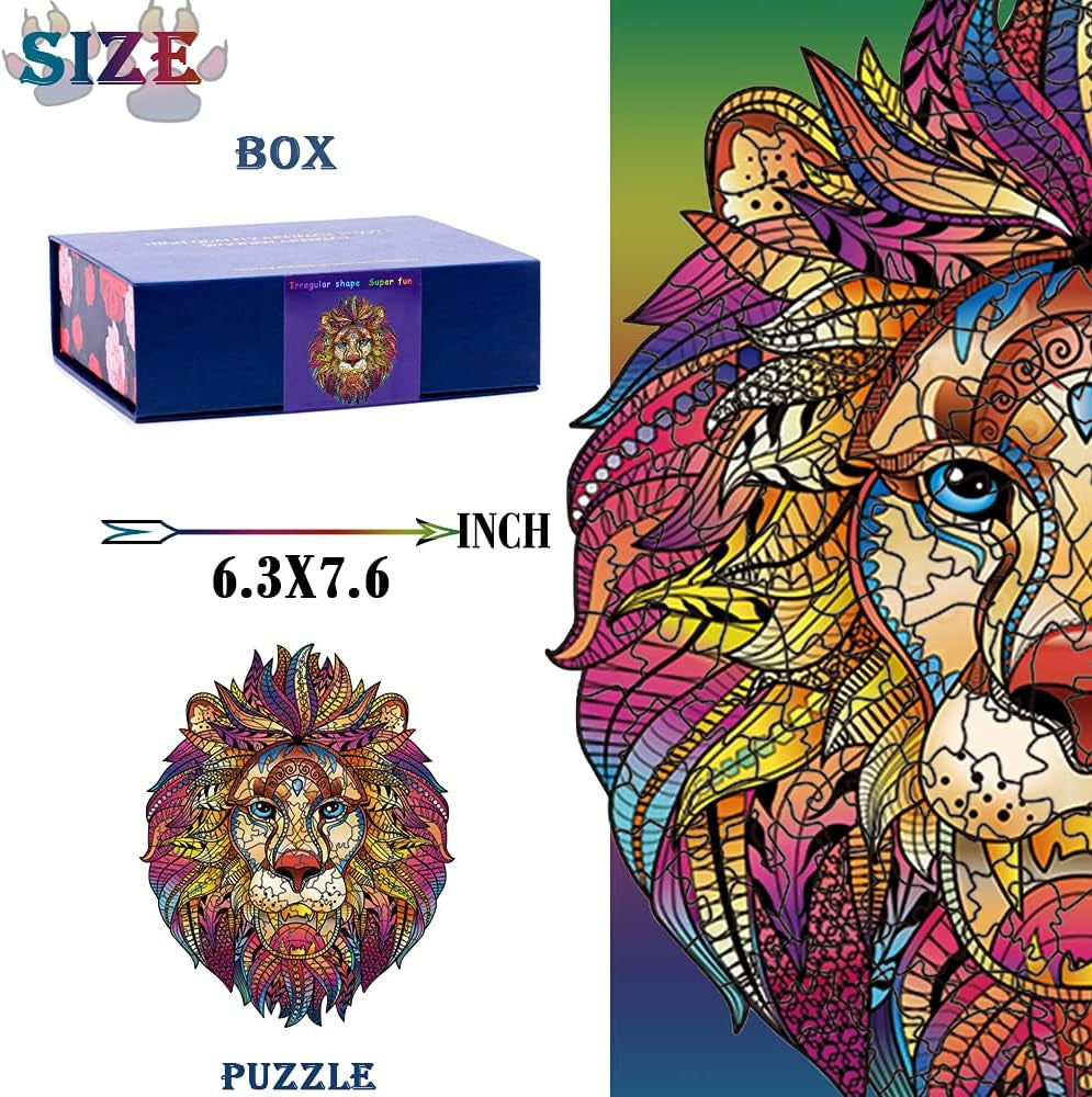 Unique Wooden Animal Shaped Puzzles for Adults - Lion Magic Jigsaw Puzzle (S-9.25”X6.3”)