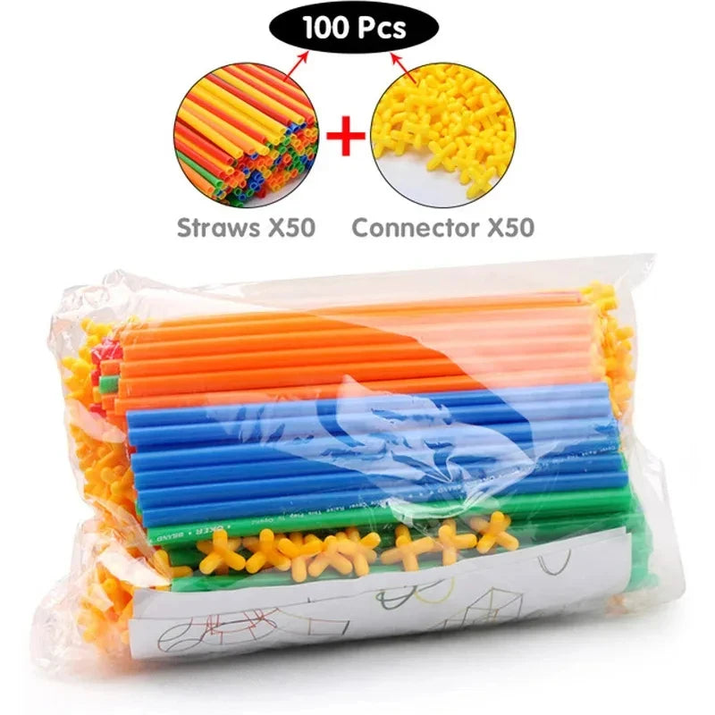 100Pcs Creative Straw STEM Building Toys - Interlocking Plastic Tube Blocks for Fun Educational Play for Kids