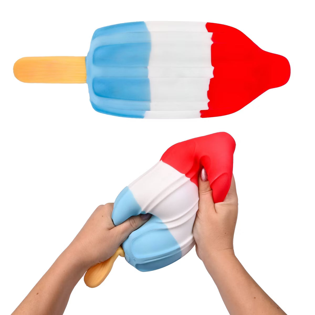 Colorful popsicle-shaped toy held by two hands on a white background