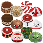 A set of cute, kawaii-style squishy stress balls shaped like various holiday treats and characters, including a gingerbread man, peppermint candy, snowman, Santa Claus, Christmas tree, and glittery pumpkin, arranged on a plain white background.