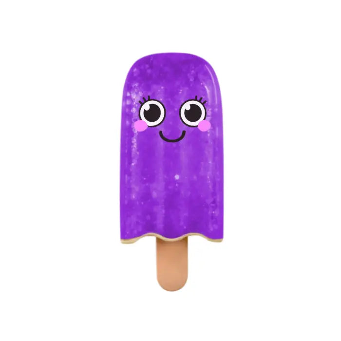 Purple popsicle with a smiling face on a white background