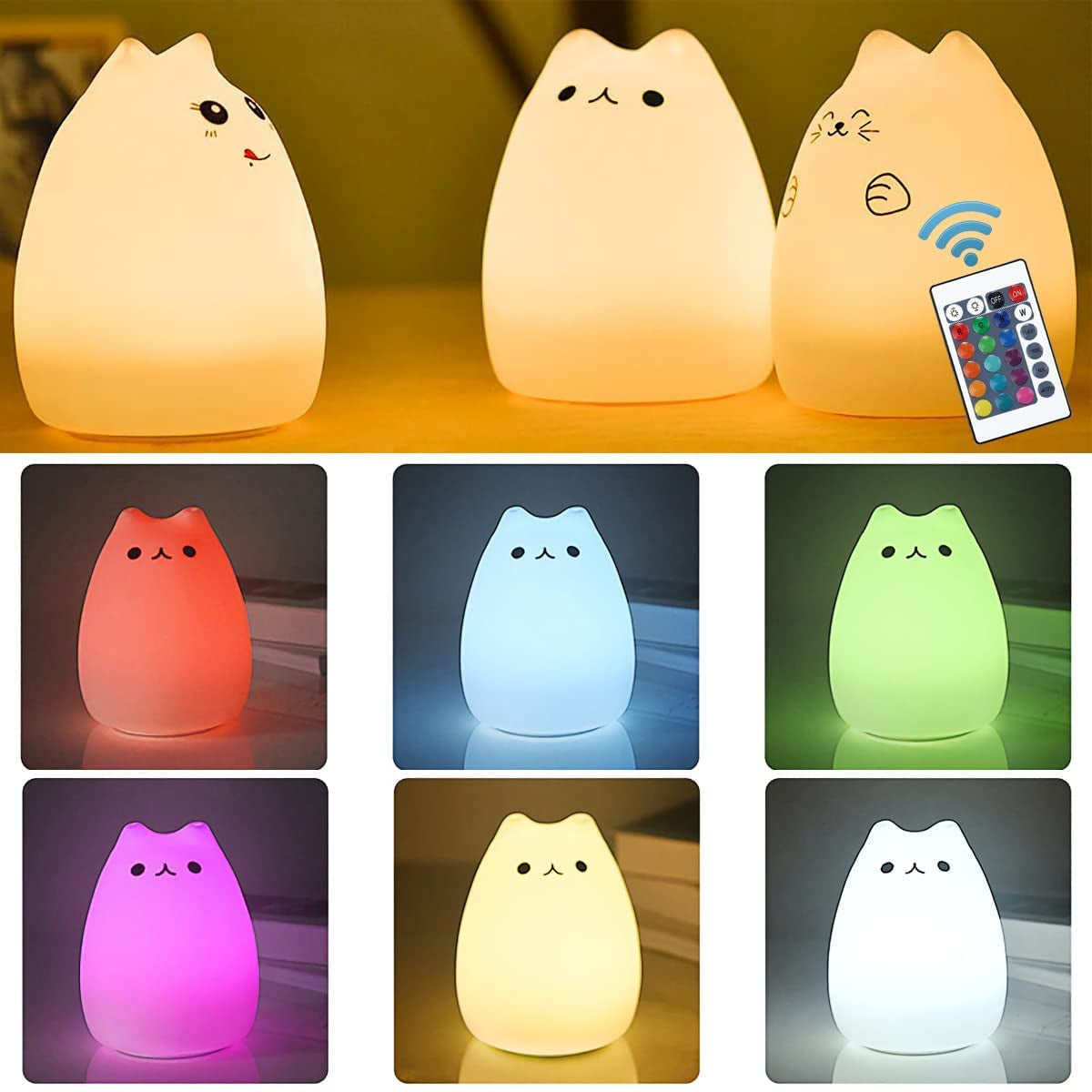 Adorable Cat Lamp Set - Rechargeable Remote Control Silicone Night Light for Kids & Toddlers - 4 Cute Kawaii Designs in White