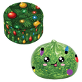 A Christmas-themed squishy toy and matching storage container. The squishy is a green, textured Christmas tree shape with a cute cartoon face, pink cheeks, and colorful hanging Christmas lights.