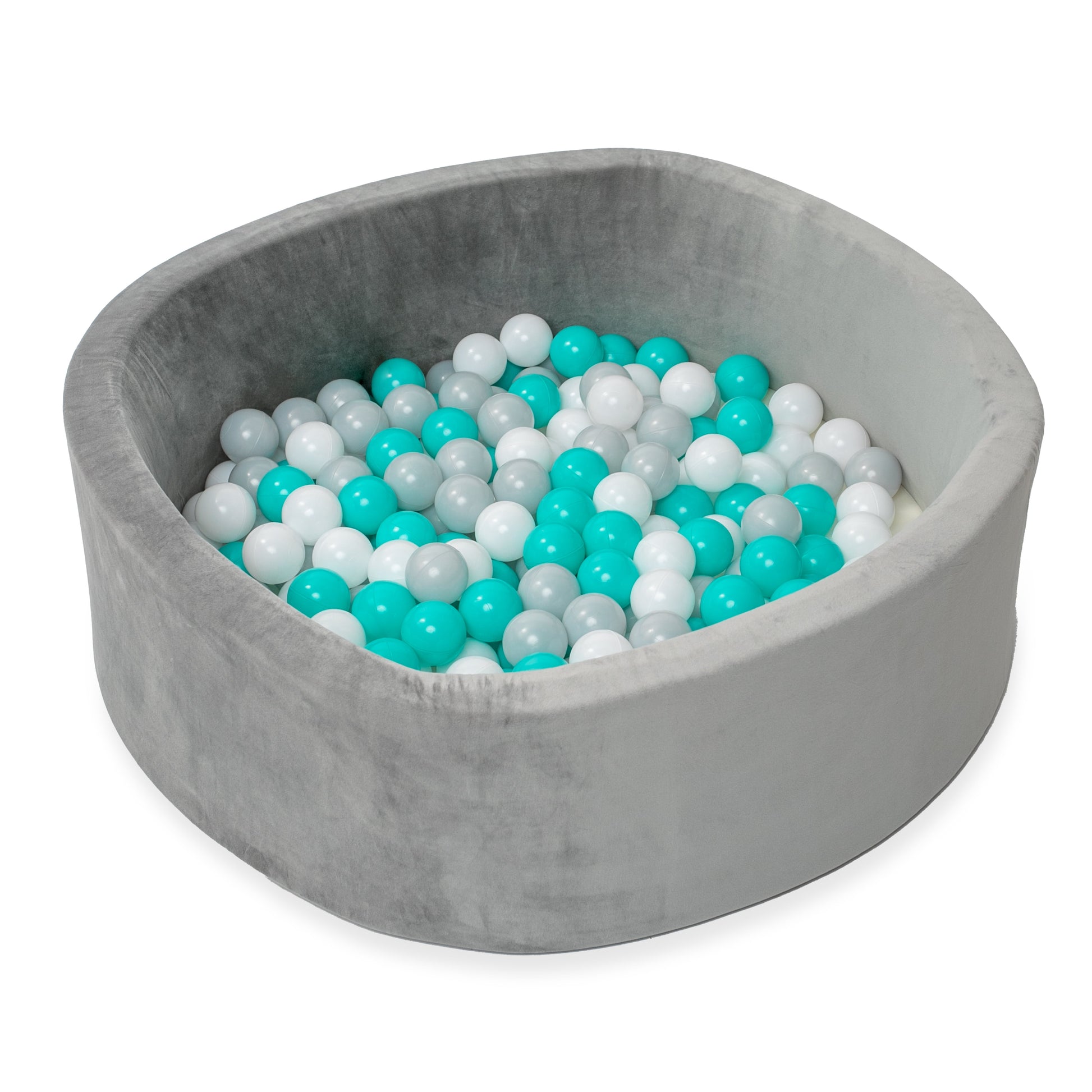 Luxurious Grey Velvet Ball Pit with 200 Aqua, White, & Grey Balls for Endless Fun