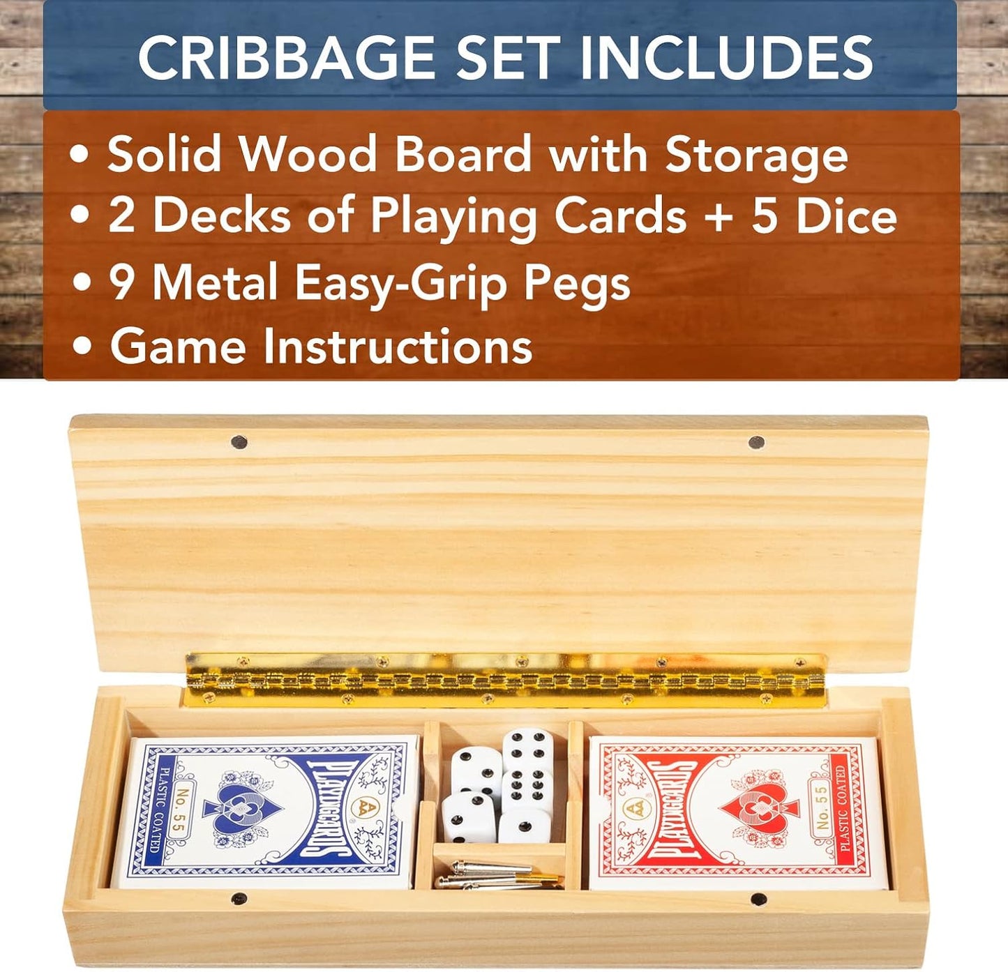 3 Player Wooden Cribbage Set - Easy Grip Pegs and 2 Decks of Cards inside of Board - Natural Wood