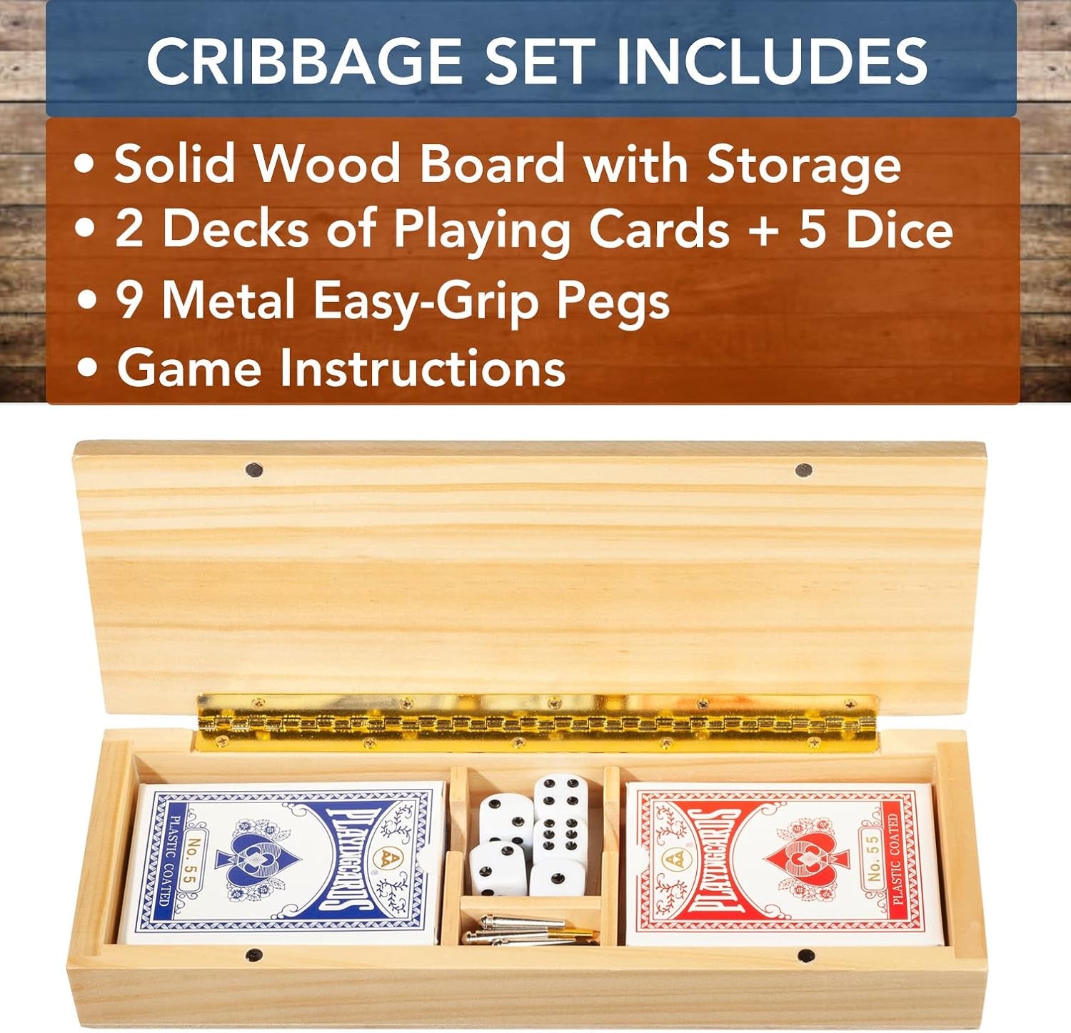 3 Player Wooden Cribbage Set - Easy Grip Pegs and 2 Decks of Cards inside of Board - Natural Wood