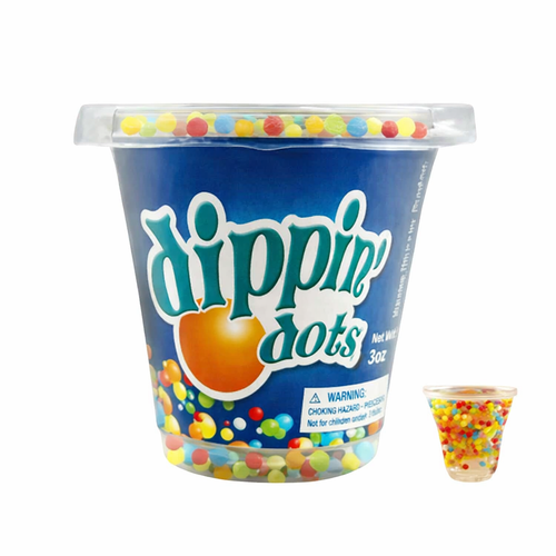 Dippin' Dots ice cream container with colorful dots on a white background