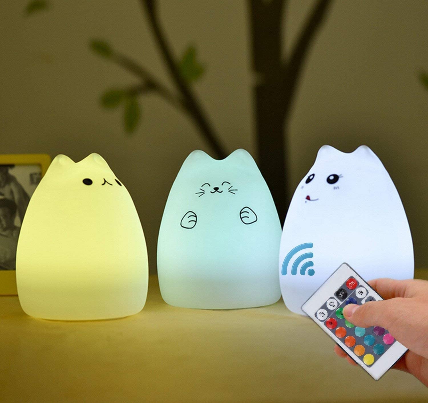 Adorable Cat Lamp Set - Rechargeable Remote Control Silicone Night Light for Kids & Toddlers - 4 Cute Kawaii Designs in White