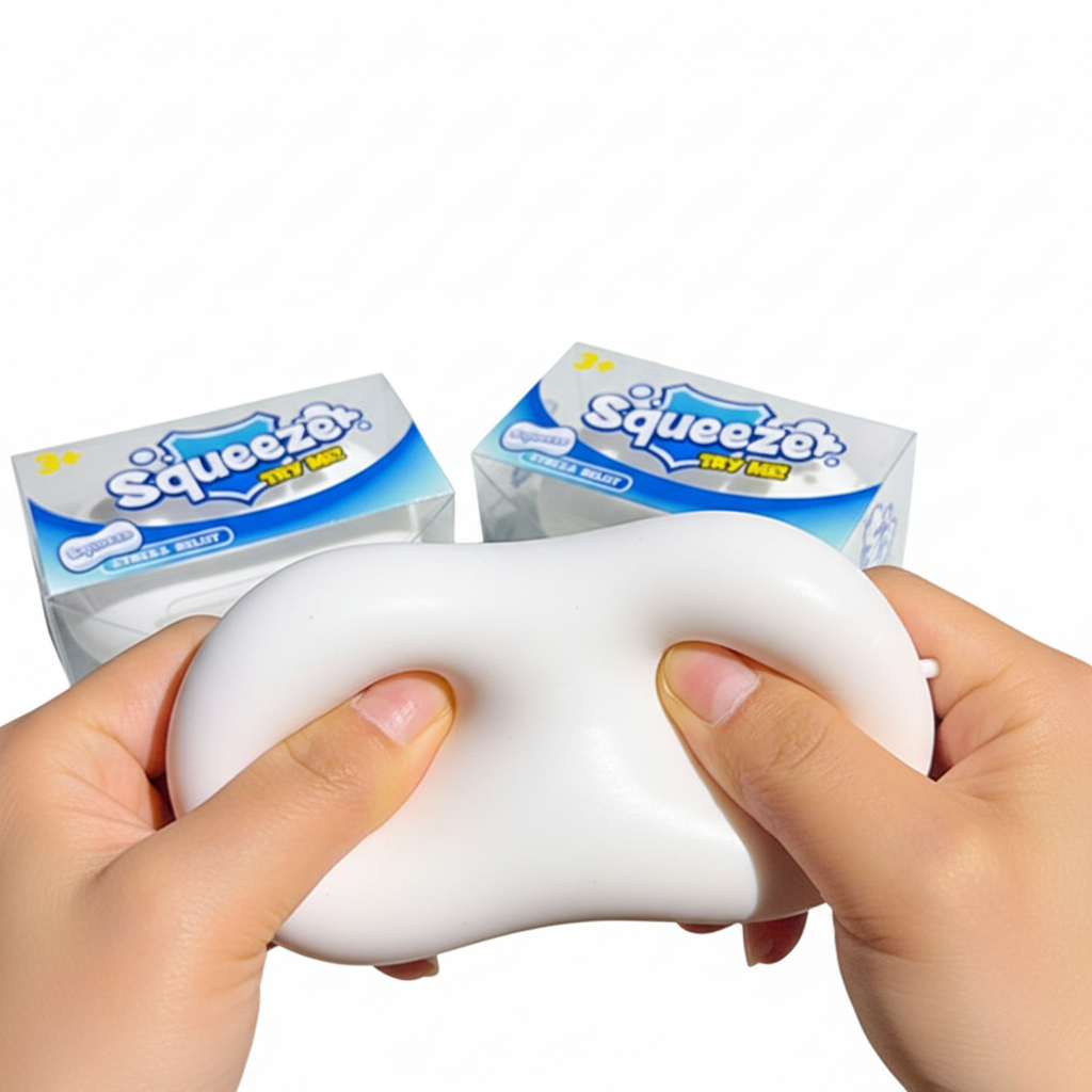 Two hands squeezing soap stress toy showing extreme softness
