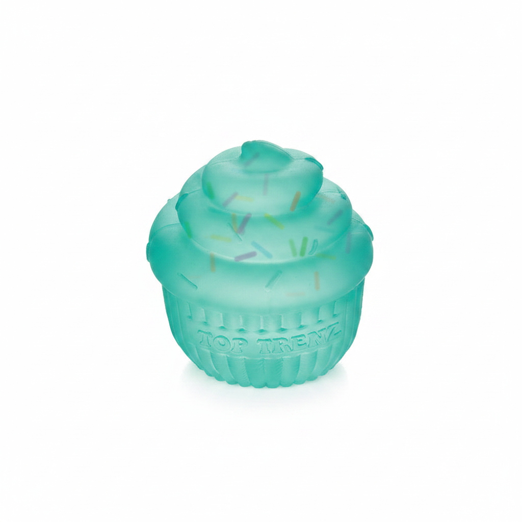 Teal cupcake squishy toy on white background