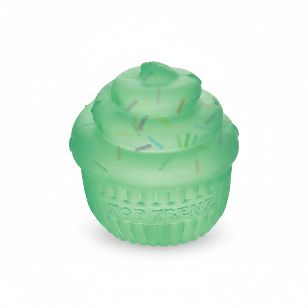 Green cupcake squishy toy on white background