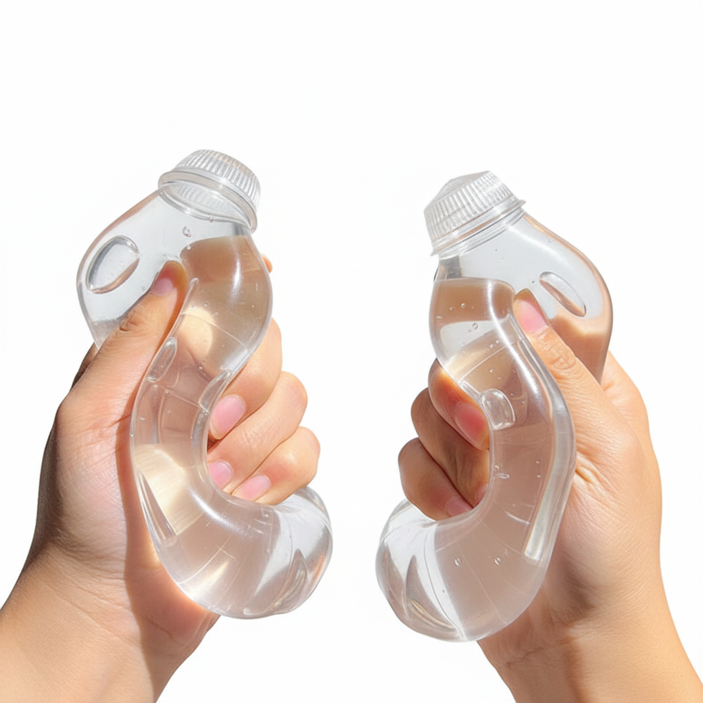 Two hands twisting and squeezing clear water bottle squeeze toys